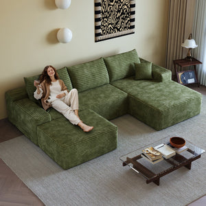 HomeRoots 107" Gray Corduroy Modular Sofa with Compression Foam, Ottoman & Toss Pillows for Modern Living Rooms 712959