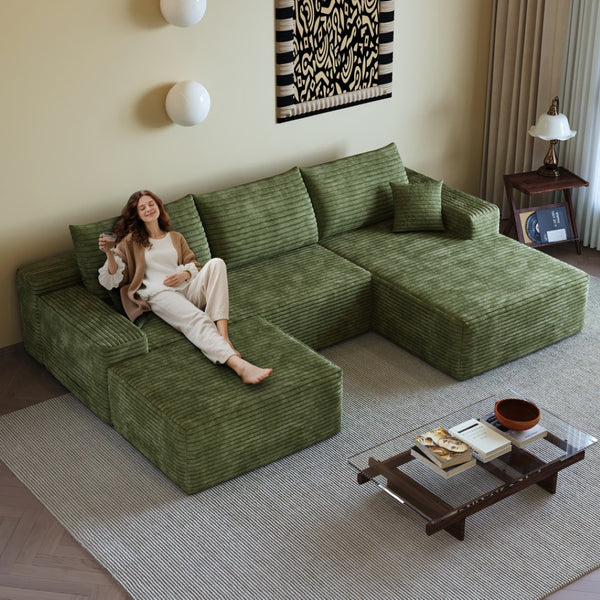 HomeRoots 107" Gray Corduroy Modular Sofa with Compression Foam, Ottoman & Toss Pillows for Modern Living Rooms 712959