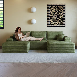 HomeRoots 107" Gray Corduroy Modular Sofa with Compression Foam, Ottoman & Toss Pillows for Modern Living Rooms 712959