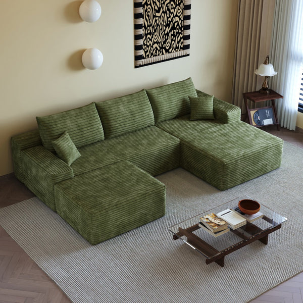 HomeRoots 107" Gray Corduroy Modular Sofa with Compression Foam, Ottoman & Toss Pillows for Modern Living Rooms 712959