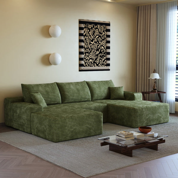 HomeRoots 107" Gray Corduroy Modular Sofa with Compression Foam, Ottoman & Toss Pillows for Modern Living Rooms 712959