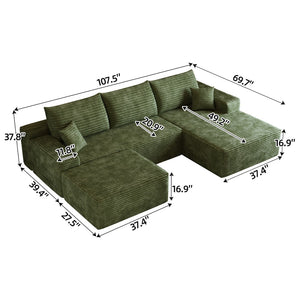 HomeRoots 107" Gray Corduroy Modular Sofa with Compression Foam, Ottoman & Toss Pillows for Modern Living Rooms 712959