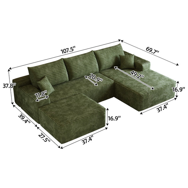 HomeRoots 107" Gray Corduroy Modular Sofa with Compression Foam, Ottoman & Toss Pillows for Modern Living Rooms 712959