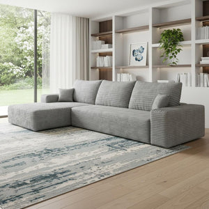 HomeRoots 107" Black Corduroy Modular Sofa with Compression Foam & 5 Toss Pillows for Ultimate Comfort 712960