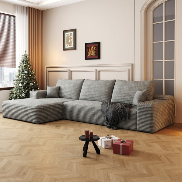 HomeRoots 107" Black Corduroy Modular Sofa with Compression Foam & 5 Toss Pillows for Ultimate Comfort 712960