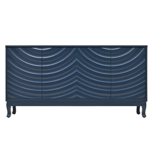 English Elm Elegant Navy Blue Sideboard, 4-Door Storage Cabinet with Arched Groove Wavy Doors, Adjustable Shelves W2696P245317