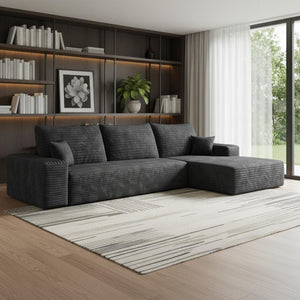 HomeRoots 107" Gray Corduroy Modular Sofa - Plush Compression Foam, 5 Toss Pillows, No Assembly Required! 712961