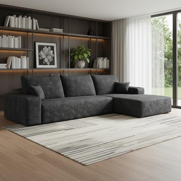 HomeRoots 107" Gray Corduroy Modular Sofa - Plush Compression Foam, 5 Toss Pillows, No Assembly Required! 712961