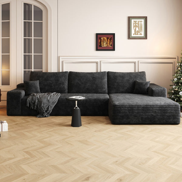 HomeRoots 107" Gray Corduroy Modular Sofa - Plush Compression Foam, 5 Toss Pillows, No Assembly Required! 712961