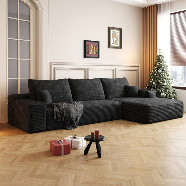 HomeRoots 107" Gray Corduroy Modular Sofa - Plush Compression Foam, 5 Toss Pillows, No Assembly Required! 712961