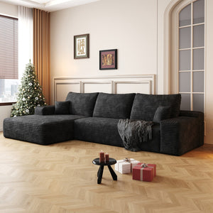 HomeRoots 107" Green Corduroy Modular Sofa - Luxurious Compression Foam, No Assembly, 5 Toss Pillows Included! 712965
