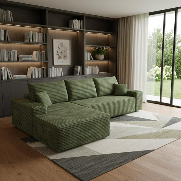 HomeRoots 107" Green Corduroy Modular Sofa with Compression Foam & Toss Pillows for Ultimate Comfort 712966