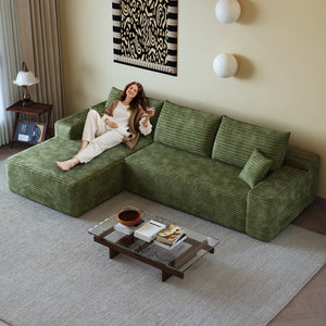 HomeRoots 107" Green Corduroy Modular Sofa with Compression Foam & Toss Pillows for Ultimate Comfort 712966