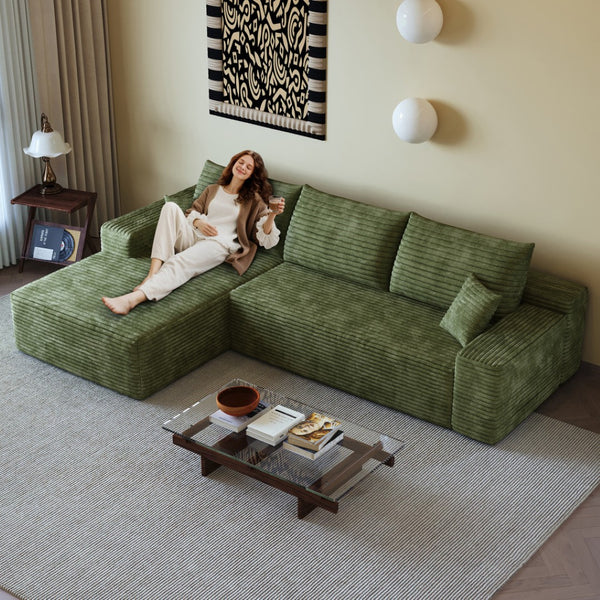 HomeRoots 107" Green Corduroy Modular Sofa with Compression Foam & Toss Pillows for Ultimate Comfort 712966