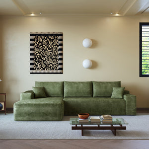 HomeRoots 107" Green Corduroy Modular Sofa with Compression Foam & Toss Pillows for Ultimate Comfort 712966