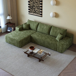 HomeRoots 107" Green Corduroy Modular Sofa with Compression Foam & Toss Pillows for Ultimate Comfort 712966