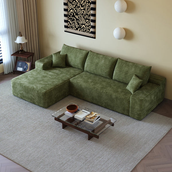 HomeRoots 107" Green Corduroy Modular Sofa with Compression Foam & Toss Pillows for Ultimate Comfort 712966