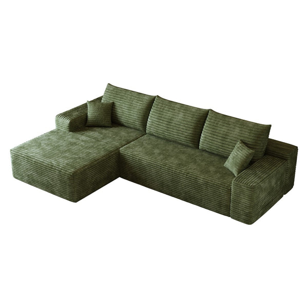 HomeRoots 107" Green Corduroy Modular Sofa with Compression Foam & Toss Pillows for Ultimate Comfort 712966