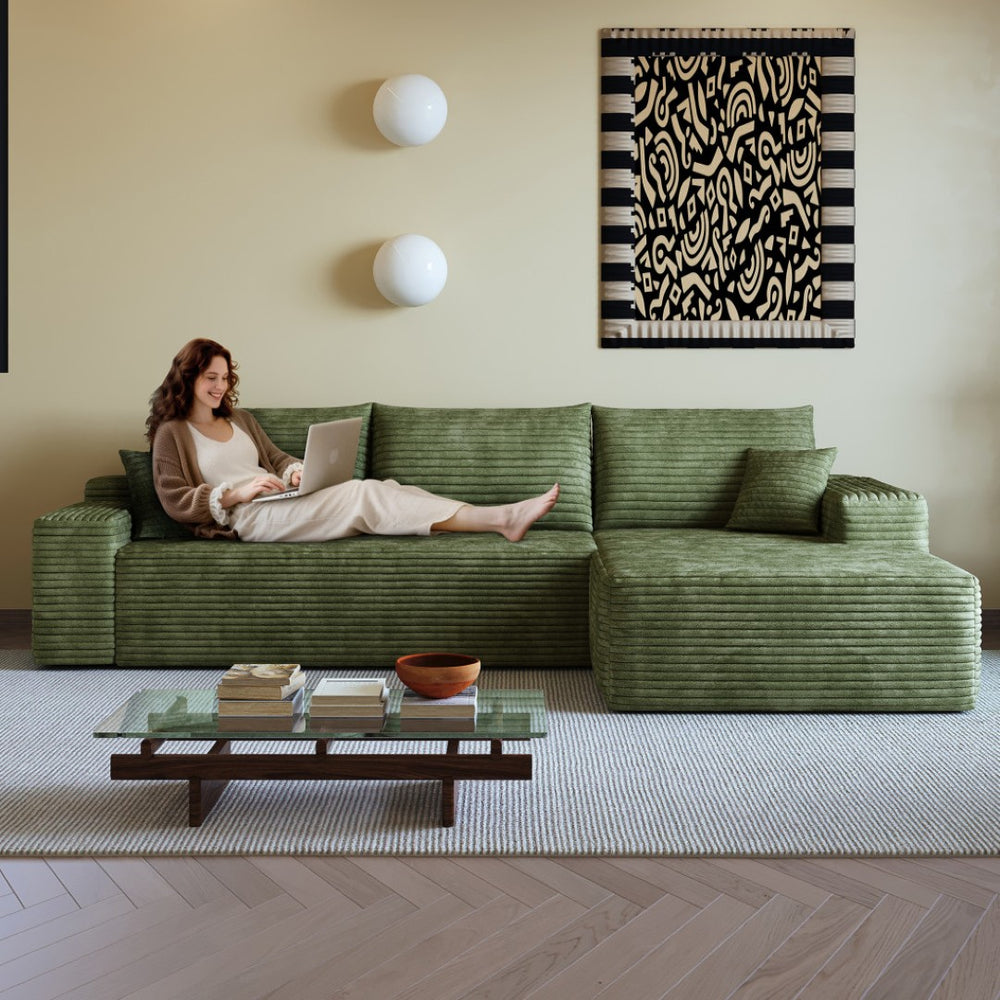 HomeRoots 135" Black Corduroy Modular Sofa - Stylish Compression Foam with 5 Toss Pillows, No Assembly Needed! 712967