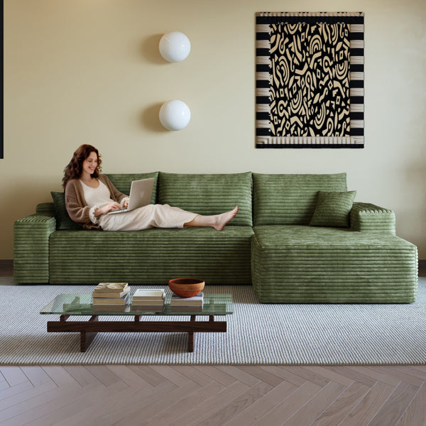 HomeRoots 135" Black Corduroy Modular Sofa - Stylish Compression Foam with 5 Toss Pillows, No Assembly Needed! 712967