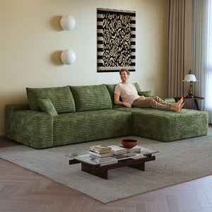 HomeRoots 135" Black Corduroy Modular Sofa - Stylish Compression Foam with 5 Toss Pillows, No Assembly Needed! 712967
