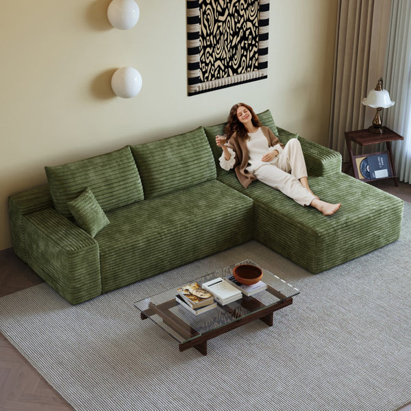 HomeRoots 135" Black Corduroy Modular Sofa - Stylish Compression Foam with 5 Toss Pillows, No Assembly Needed! 712967