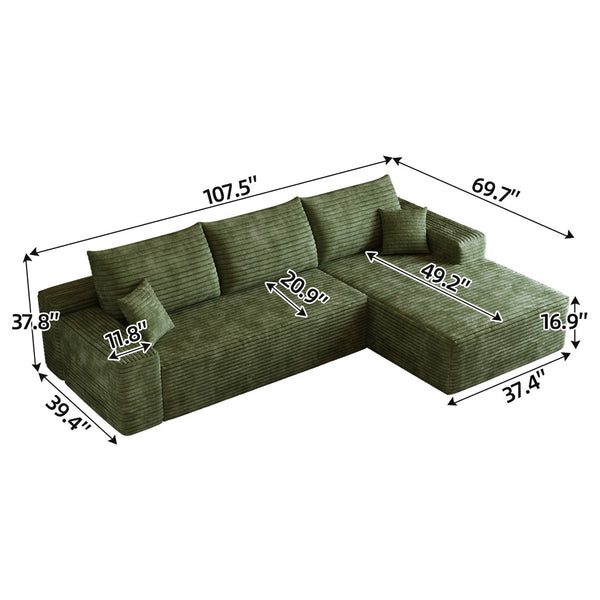 HomeRoots 135" Black Corduroy Modular Sofa - Stylish Compression Foam with 5 Toss Pillows, No Assembly Needed! 712967