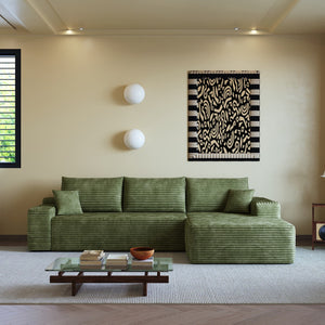 HomeRoots 135" Black Corduroy Modular Sofa - Stylish Compression Foam with 5 Toss Pillows, No Assembly Needed! 712967