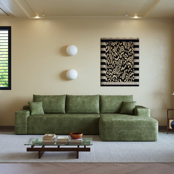 HomeRoots 135" Black Corduroy Modular Sofa - Stylish Compression Foam with 5 Toss Pillows, No Assembly Needed! 712967
