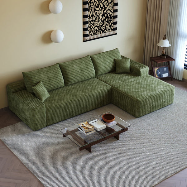 HomeRoots 135" Black Corduroy Modular Sofa - Stylish Compression Foam with 5 Toss Pillows, No Assembly Needed! 712967