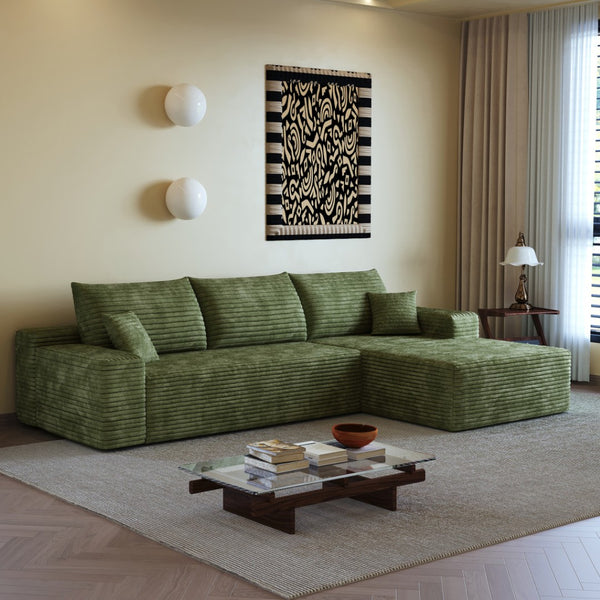 HomeRoots 135" Black Corduroy Modular Sofa - Stylish Compression Foam with 5 Toss Pillows, No Assembly Needed! 712967