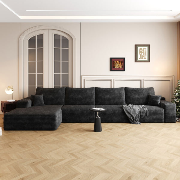 HomeRoots 135" Black Corduroy Modular Sofa – Stylish, Comfortable, No Assembly, Includes 6 Toss Pillows! 712968