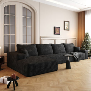HomeRoots 135" Black Corduroy Modular Sofa – Stylish, Comfortable, No Assembly, Includes 6 Toss Pillows! 712968