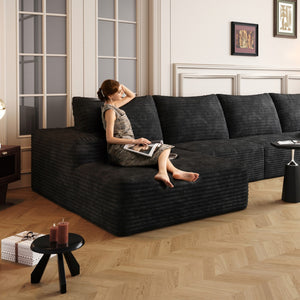 HomeRoots 135" Black Corduroy Modular Sofa – Stylish, Comfortable, No Assembly, Includes 6 Toss Pillows! 712968
