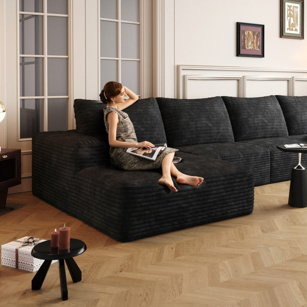 HomeRoots 135" Black Corduroy Modular Sofa – Stylish, Comfortable, No Assembly, Includes 6 Toss Pillows! 712968