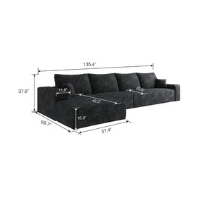 HomeRoots 135" Black Corduroy Modular Sofa – Stylish, Comfortable, No Assembly, Includes 6 Toss Pillows! 712968