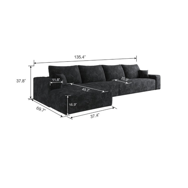 HomeRoots 135" Black Corduroy Modular Sofa – Stylish, Comfortable, No Assembly, Includes 6 Toss Pillows! 712968