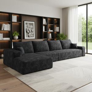 HomeRoots 135" Black Corduroy Modular Sofa – Stylish, Comfortable, No Assembly, Includes 6 Toss Pillows! 712968