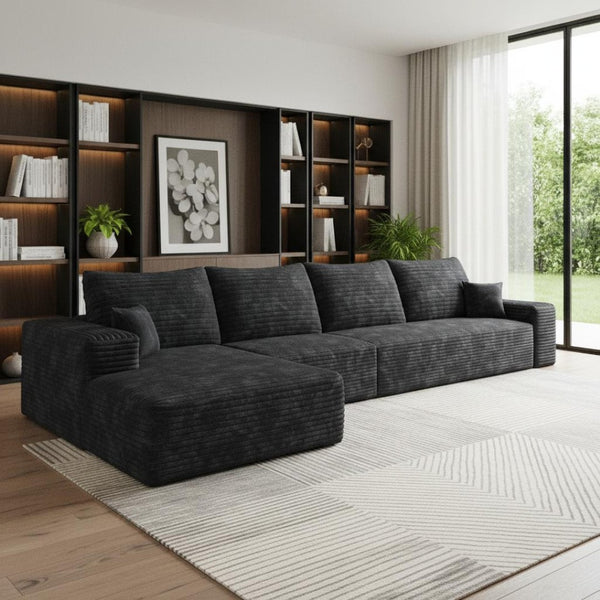 HomeRoots 135" Black Corduroy Modular Sofa – Stylish, Comfortable, No Assembly, Includes 6 Toss Pillows! 712968