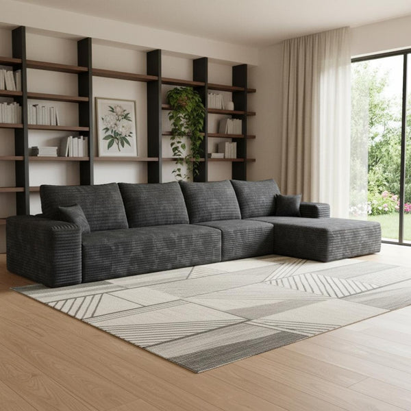 HomeRoots 135" Gray Corduroy Modular Sofa with Plush Foam, Toss Pillows & Flexible Layout for Modern Living 712969