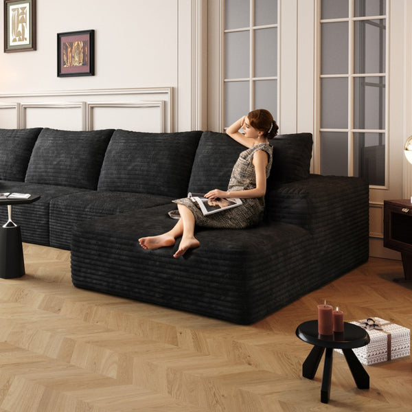 HomeRoots 135" Gray Corduroy Modular Sofa with Plush Foam, Toss Pillows & Flexible Layout for Modern Living 712969