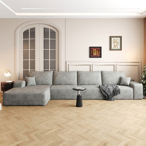 HomeRoots 135" Gray Corduroy Modular Sofa - Stylish Comfort with Toss Pillows for Versatile Living Spaces 712970