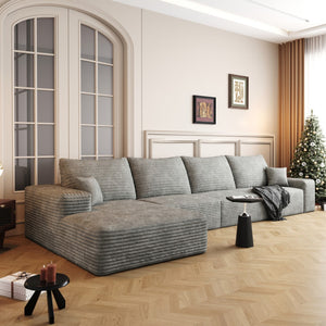 HomeRoots 135" Gray Corduroy Modular Sofa - Stylish Comfort with Toss Pillows for Versatile Living Spaces 712970