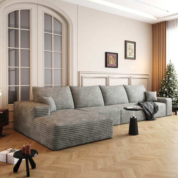 HomeRoots 135" Gray Corduroy Modular Sofa - Stylish Comfort with Toss Pillows for Versatile Living Spaces 712970