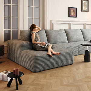 HomeRoots 135" Gray Corduroy Modular Sofa - Stylish Comfort with Toss Pillows for Versatile Living Spaces 712970