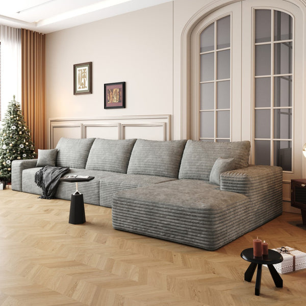 HomeRoots 135" Camel Corduroy Modular Sofa - Luxurious Compression Foam Comfort with 6 Toss Pillows Included! 712971