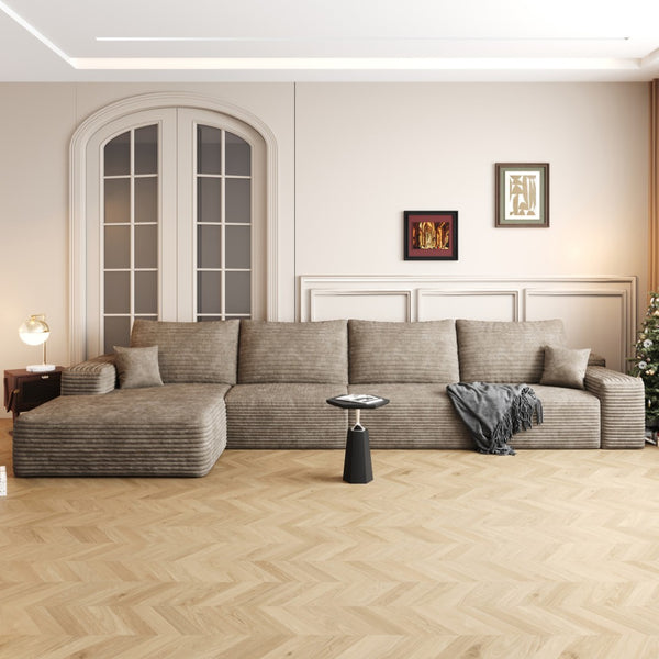 HomeRoots 135" Luxurious Camel Corduroy Modular Sofa with Toss Pillows - Stylish Comfort for Any Space 712972
