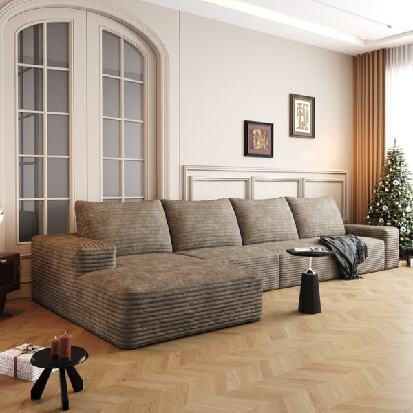 HomeRoots 135" Luxurious Camel Corduroy Modular Sofa with Toss Pillows - Stylish Comfort for Any Space 712972