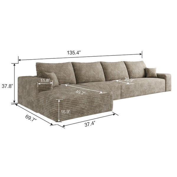 HomeRoots 135" Luxurious Camel Corduroy Modular Sofa with Toss Pillows - Stylish Comfort for Any Space 712972