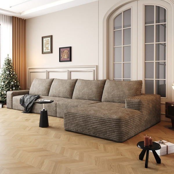 HomeRoots 135" Green Corduroy Modular Sofa - Luxurious Pillow-Back Comfort with Toss Pillows for Any Space 712973